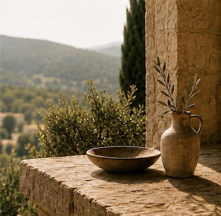 Terrasse en pierre provençale avec cruche, bol et vue sur les collines