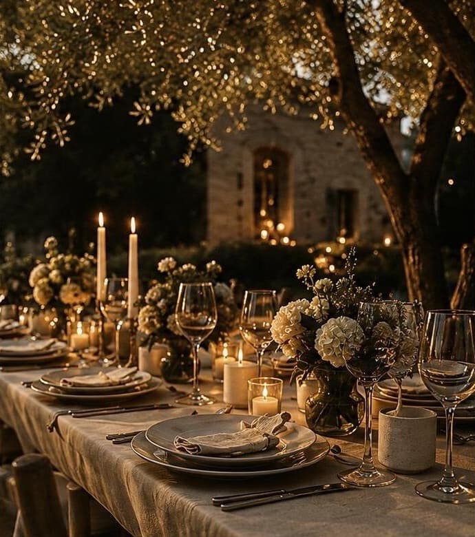 Table dressée en extérieur, bougies et guirlandes lumineuses au crépuscule