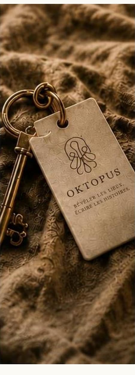 Trousseau de clés anciennes et étiquette OKTOPUS sur tissu brodé